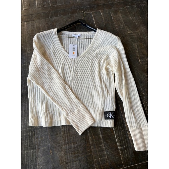 Calvin Klein Jeans Sweaters - Calvin Klein Jeans Womens Ribbed V-Neck Sweater Cream Off White CK Logo NWT Smal